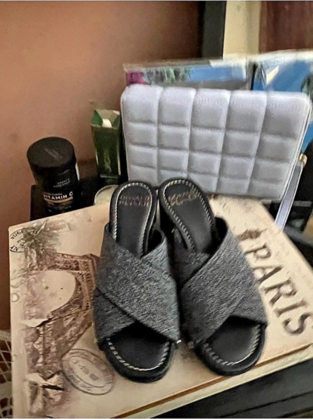 NWT Donald Pliner Platform Slide Mules in Blue & Gray